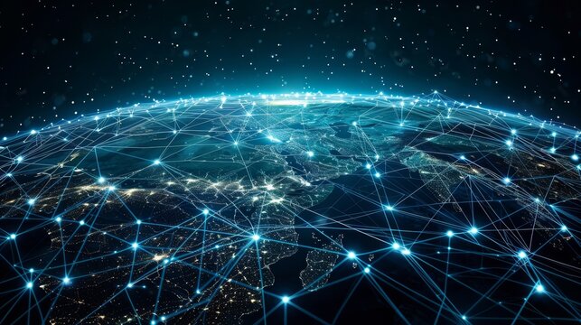 Cloud data centers across different continents, visually connected by digital links, emphasizing global network capabilities
