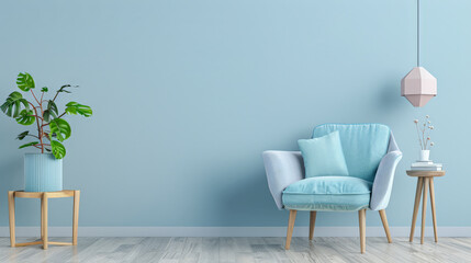 Minimalist room composition in light blue color and minimal furniture.