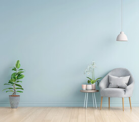 Minimalist room composition in light blue color and minimal furniture.