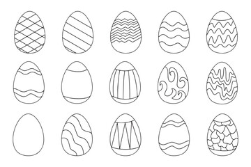 Black and white egg icons with ornaments for Easter holidays decoration. Vector illustration isolated on a white background