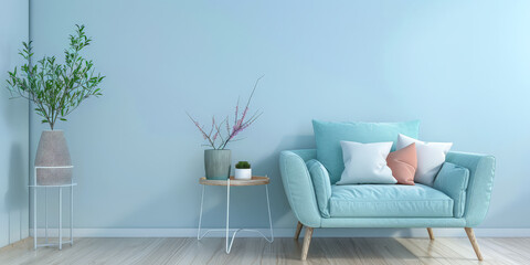 Minimalist room composition in light blue color and minimal furniture.