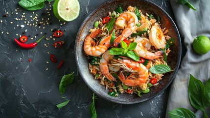 Fried rice with shrimp ,green Mussels and squid with thai holy basil .Top view