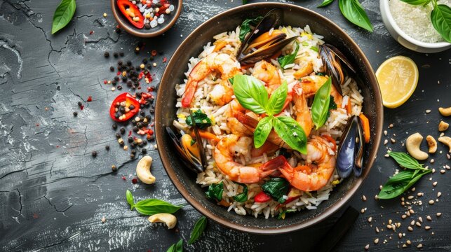 Fried rice with shrimp ,green Mussels and squid with thai holy basil .Top view