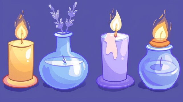 A set of aromatic wax candles isolated on a blue background. Modern cartoon illustration of spa or home interior elements for relaxation, a jar of aroma oil, lavender flavor, and aromatherapy