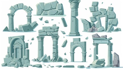 Old Atlantis city temple building pillar and arch modern illustration. Antique Greek monument design that is broken and abandoned. Ancient Roman ruin for a garden or museum.