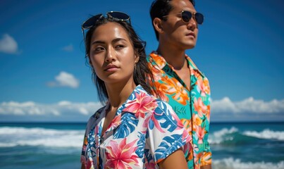 A stylish couple in colorful floral attire pose confidently on a sunny beach with clear skies, evoking feelings of leisure and romance.