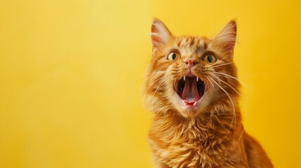 Funny ginger cat face isolated on yellow. mewing and having widely opened a mouth. Red pet portrait.