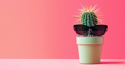 Isolated cool cactus in pot with sunglasses on pink background
