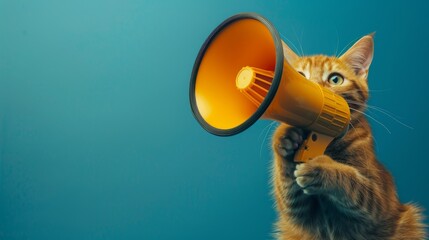 Funny red cat holds a yellow loudspeaker in its paws and screams on a blue background, a creative idea.