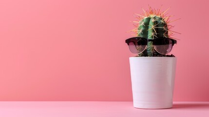 Isolated cool cactus in pot with sunglasses on pink background