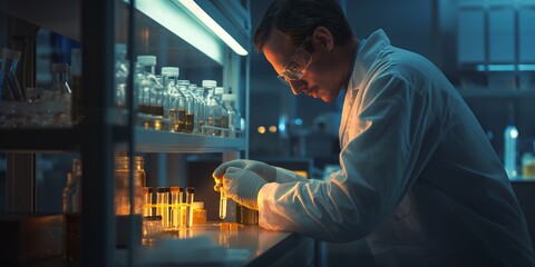 A focused scientist meticulously conducts research with test tubes, surrounded by a clinical lab background environment - obrazy, fototapety, plakaty