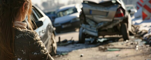 A woman in a leather jacket calls for assistance amidst the wreckage of a car accident, displaying a scene of urgency and trauma.