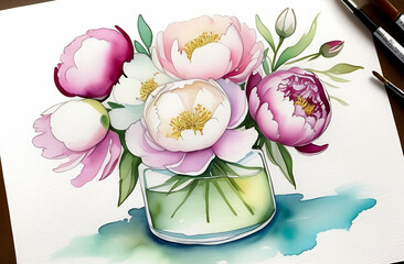 Glass vase with peonies in it, drawing on paper, watercolor illustration