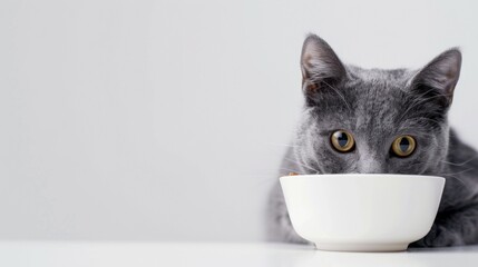 Grey cat peeps out of the corner, animal emotions, looks at bowl of food, on a white background,...