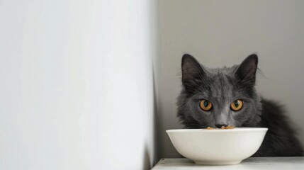 Grey cat peeps out of the corner, animal emotions, looks at bowl of food, on a white background, concept.