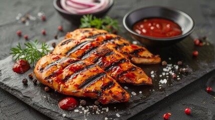 Grilled chicken Tabaka with sauce on stone plate. - obrazy, fototapety, plakaty