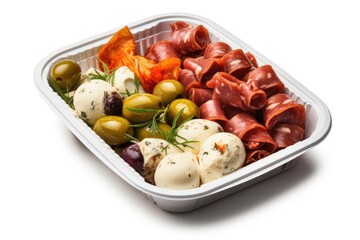 Italian Antipasti Set with Small Peppers Stuffed with Cream Cheese, Pickled Olives, Marinated Mushrooms,