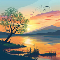 sunset on the lake, sunset over the lake,  Lake spring