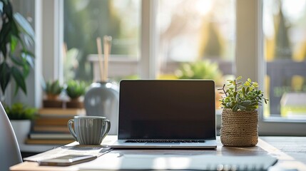 A laptop computer sitting on a desk with plants and coffee cup, AI