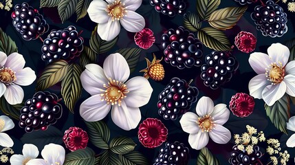 Intricate blackberry and raspberry design with lifelike white blossoms