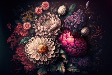 Beautiful floral bouquet on a dark background - obrazy, fototapety, plakaty