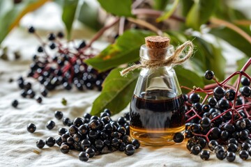 Black Elderberry Oil Isolated, Sambucus Berries Essential Oil, Danewort Fruits Extract, Elderberry Extraction - obrazy, fototapety, plakaty