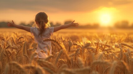 Fototapeta premium Little girl on a wheat field with her arms outstretched in the sunset.