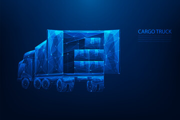truck cargo and parcel box low poly wireframe. global logistics transportation technology. vector illustration fantastic on blue background.