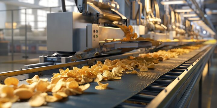 Industrial image capturing the mass production of chips on a conveyor belt with crisp details against the factory background