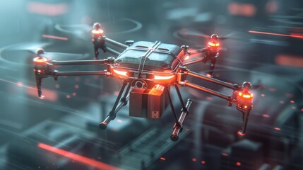 Futuristic Delivery in the Low-Altitude Economy: Drone Carrying Package Through Air with Cinematic Lighting, Digital Rendering Showcasing Modern Customer Service in Various Industries