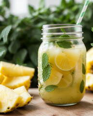 Close-up of a mason jar filled with pineapple mint agua fresca, garnished with fresh pineapple chunks and mint leaves. AI generated.