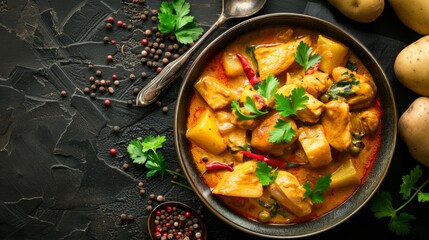 Massaman Curry with Chicken and Potatoes.It is an aromatic curry with a tangy, luxurious taste that is harmonic, sweet and isn't as spicy.Top view - obrazy, fototapety, plakaty