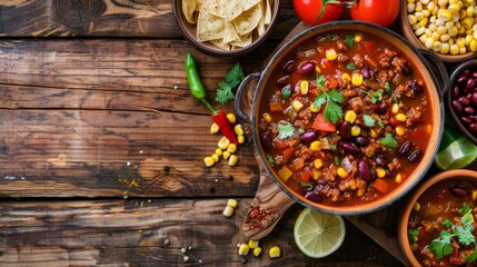 Mexican food chile con carne dish on a wooden backdrop. Bean and corn soup, red bean stew - obrazy, fototapety, plakaty