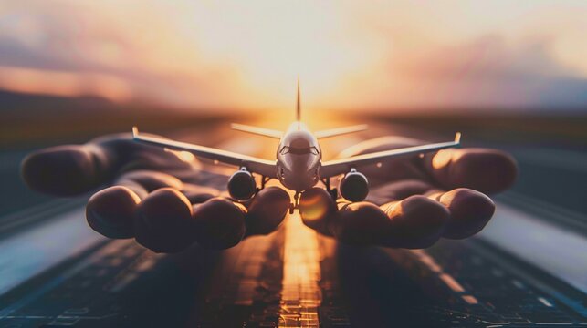 An aircraft on the runway, encircled by hands, symbolizing safety measures in aviation.