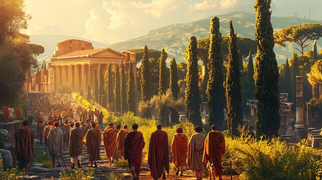 Roman citizens from the past enjoying leisure activities, depicted as Greek men and women wearing tunics in a flat cartoon style with cypress trees 