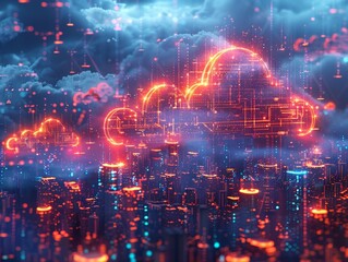 Digital illustration shows scalable cloud infrastructure adapting to rising demand via expanding virtual resources