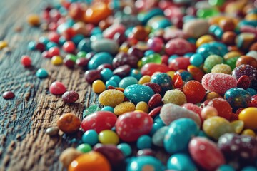 Candy Stones Pile on Wood Texture Background