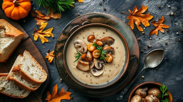 Mushroom champignon soup with bread and fresh mushrooms. top view , autumn seasonal cream soup with vegetables