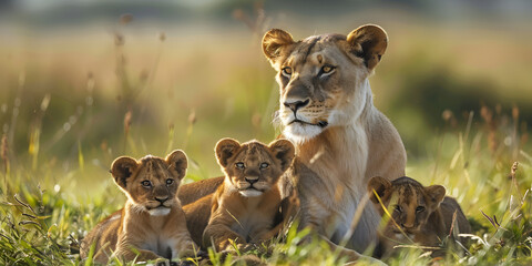 A mother lion and her cubs sitting in the grass with blurred grass background.