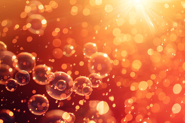 a close up of a lot of bubbles on a red and orange background with a bright light in the background - obrazy, fototapety, plakaty