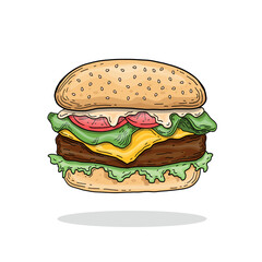 Vector Hand Drawn Burger. Engraving Style Burger Sandwich. Big burger sketch in retro style. Hamburger Fast Food Illustration.
