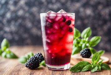 Glass of blackberry basil lemonade with blackberries, basil leaves, and ice cubes, garnished with a lemon slice. AI generated.