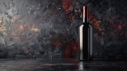 Dark wine bottle with blank label and space for your branding on abstract deep backdrop, 3D mockup.