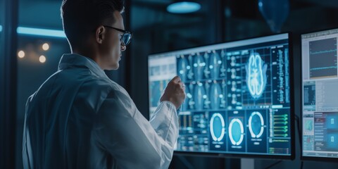 Medical professional intently examining brain scan images on a high-tech digital background display