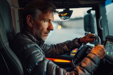 Obraz premium Focused European truck driver navigating road at dusk in modern cab