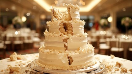 A large wedding cake with a big piece missing from the top, AI - obrazy, fototapety, plakaty