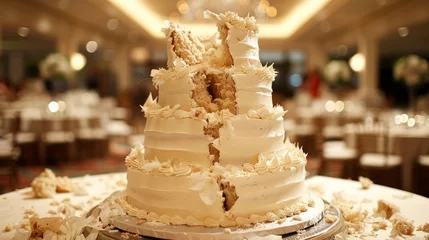 Poster A large wedding cake with a big piece missing from the top, AI © starush