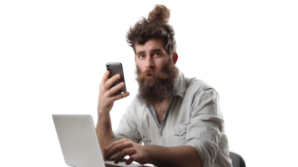 Handsome man with beard using laptop and mobile phone isolated on a transparent background