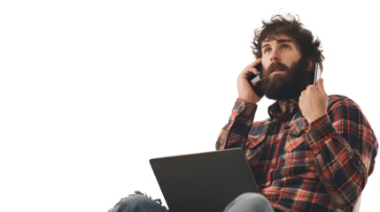 Handsome man with beard using laptop and mobile phone isolated on a transparent background