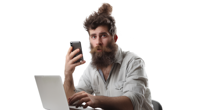 Handsome man with beard using laptop and mobile phone isolated on a transparent background